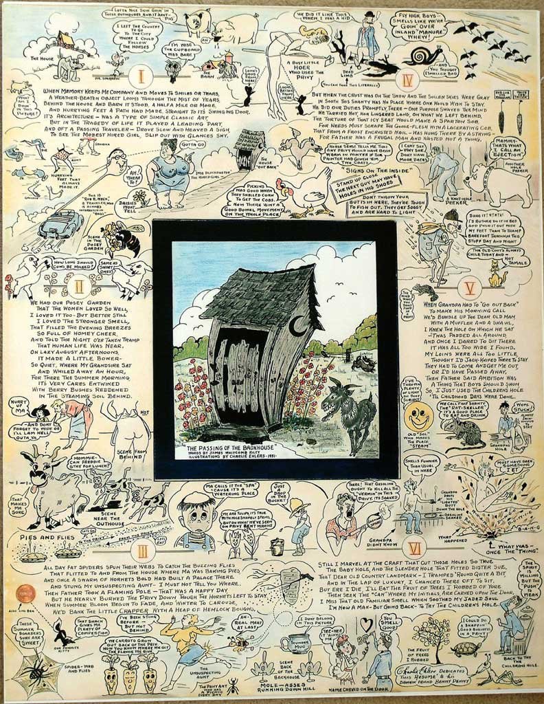 An incredible poster featuring The Passing of the Backhouse, a poem about Outhouses